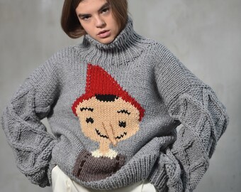 Knitted turtleneck sweater with Pinocchio embroidery (Made to Order)