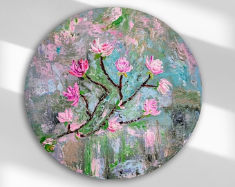 Round Canvas Lotus Flower Wall Art Modern Room Decor Wall Textured Painting, Oversized Round Art Work Texture Wall Art Painting