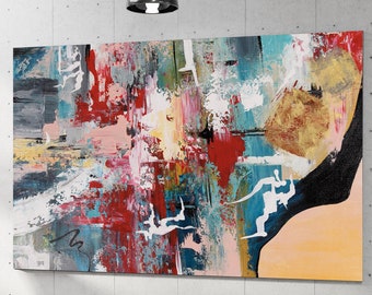 Puede incluir: Gran pintura abstracta con una vibrante mezcla de colores como rojo, azul, amarillo y negro. La obra presenta pinceladas dinámicas y figuras blancas, en un espacio de vida moderno con una silla y mesa blancas.