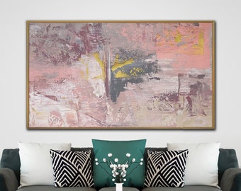 Pittura d'arte astratta grigio rosa, arte da parete extra large, decorazione della parete di casa, pittura extra large, arte del coltello tavolozza, regalo di inaugurazione della casa