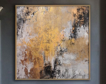 Kunst aan de grote muur, extra grote abstracte schilderkunst, gouden canvas schilderij, grijze canvas schilderij, grote muur kunst, decor van het huis