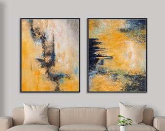 Modern Home Decor Yellow And Blue Wall Art Set Of 2 Abstract Canvas Painting For Home, Blue Yellow Abstract Art Bedroom Painting