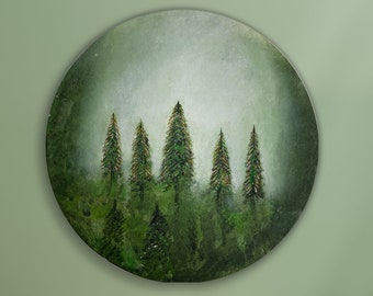 Big Forest Wall Art For Bedroom Wall Decor Round Art Painting On Canvas, Green Minimalist Circle Wall Art Canvas Wall Painting