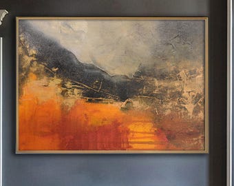 Orange Black Abstract Painting, Large Hand Painted Canvas, Earthy Modern Wall Art