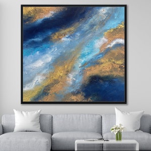 Blue Gold Abstract Art Landscape Canvas Wall Painting, Extra Large Painting, Large Canvas Wall Art, Framed Painting, Home Wall Decor
