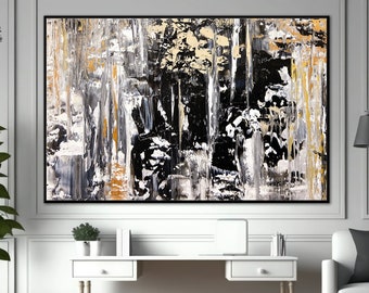 Minimal Gold Black And Gold Canvas Art Abstract Wall Painting Home Decor And Gift, Oversize Black White Gold Art Of House Decor Painting