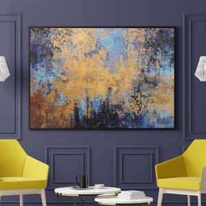 Abstract painting, Blue And Gold Painting, Gold Canvas Painting, Extra Large Painting, Wall Decor Above Couch, office decor
