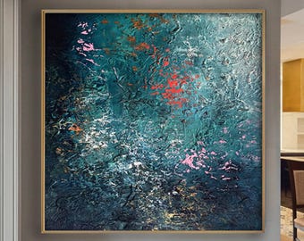 Quadro astratto in acrilico blu, stampa su tela di grandi dimensioni, opera d'arte astratta su tela di grande formato per l'arredamento moderno della casa.