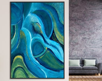 Blauwe kleurrijke lijntekeningen, abstracte kunst olieverfschilderij, muurschildering kamer decor, kunst aan de muur