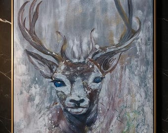 暗い森の光る鹿のファンオリジナルファインアートアクリル絵画。自宅