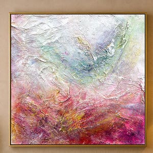 Textured pastel wall art in pink, white, and green acrylic painting, perfect for living room decor