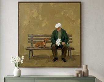 Old Man & Puppy Oil Painting Neutral Minimalist Canvas Wall Art for Modern Living Room Decor