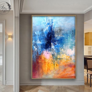 Grande dipinto astratto colorato su tela: originale opera d&#39;arte murale fatta a mano