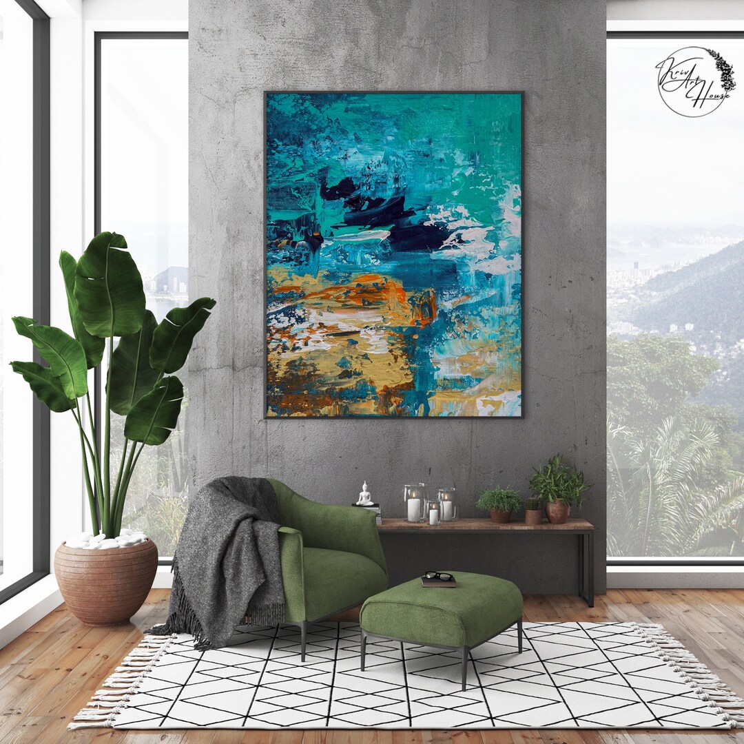 Extra Large Blue and Orange Wall Art Abstract Painting Home Gym Decor