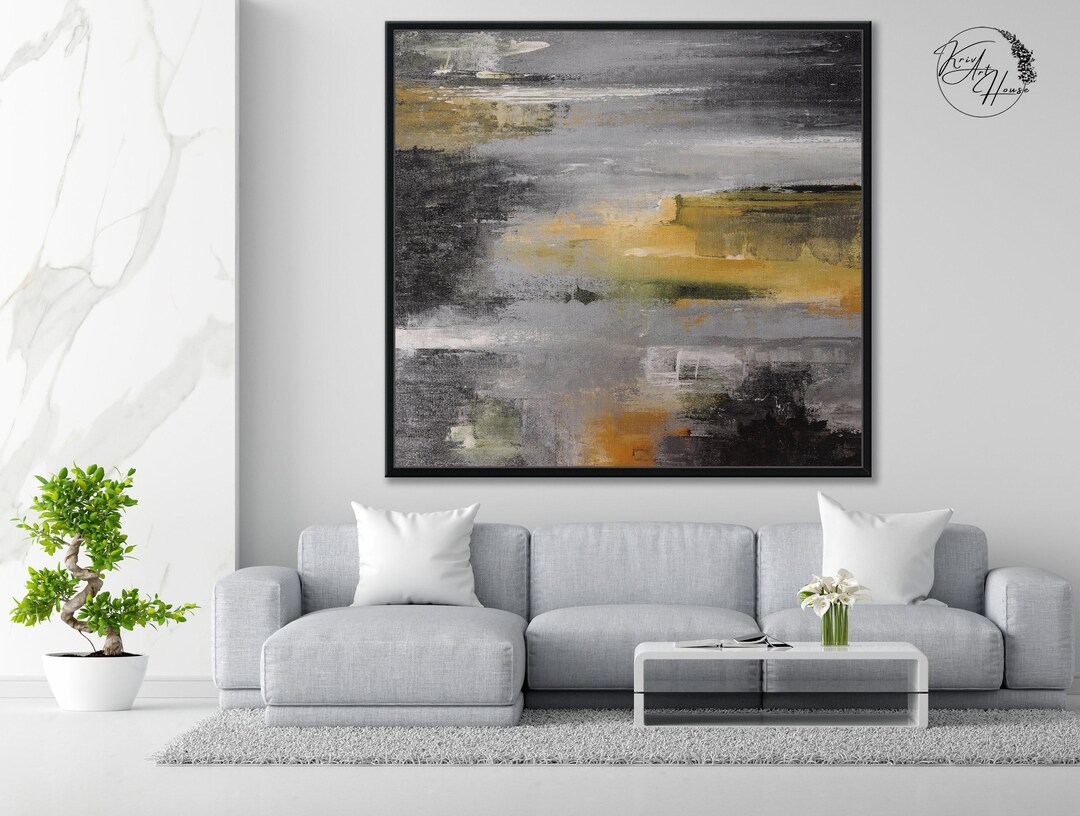 Oversized Abstract Canvas Painting, Grey Orange Modern Wall Art, Large ...
