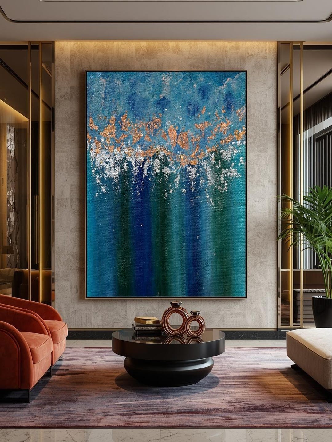 Blue and Gold Abstract Painting – Oversized Textured Artwork, Modern ...