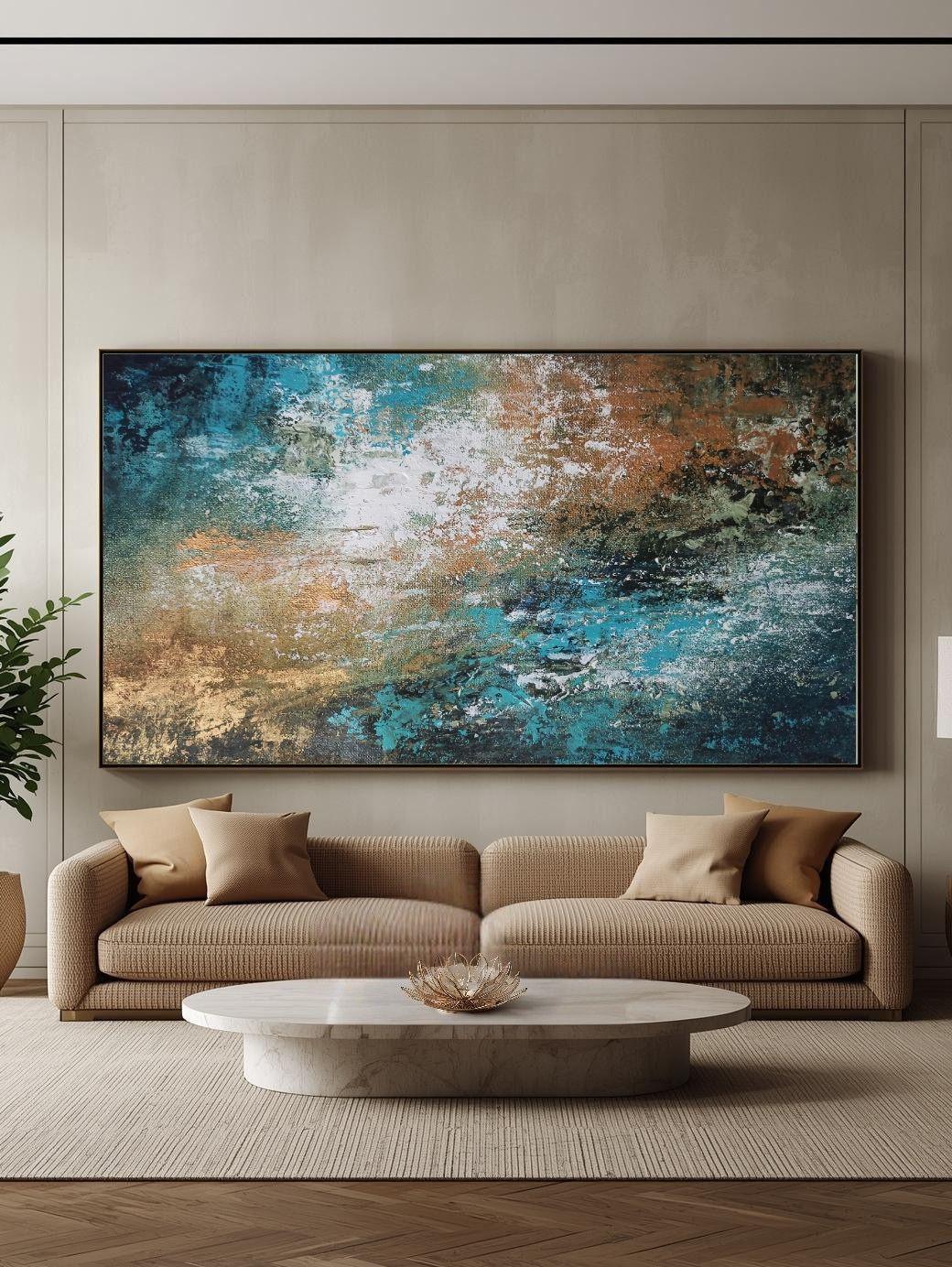 Extra Large Gold and Blue Abstract Canvas Painting, Oversized