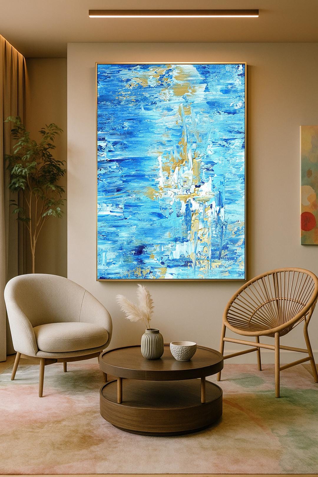 Blue and Gold Textured Abstract Painting Modern Acrylic Canvas Wall Art ...