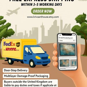 The image is an advertisement for FedEx Express shipping services, featuring a FedEx UPS truck and a person holding a smartphone displaying a product image. The text highlights the worldwide free express shipping within 3-5 working days, with a focus on door-step delivery and the ability to buy products outside the United Kingdom.