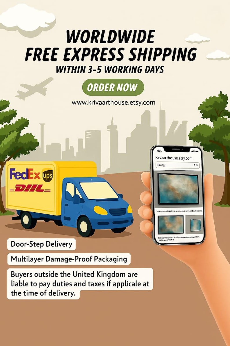The image is an advertisement for FedEx Express shipping services, featuring a FedEx UPS truck and a person holding a smartphone displaying a product image. The text highlights the worldwide free express shipping within 3-5 working days, with a focus on door-step delivery and the ability to buy products outside the United Kingdom.