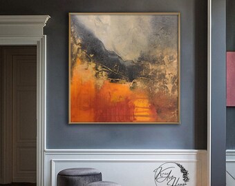 特大抽象画：オレンジと黒 - モダンキャンバスアート - Etsy 日本