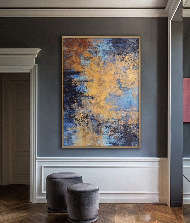 Abstract Painting Blue and Gold Painting Gold Canvas Etsy