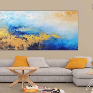 Large Abstract Painting,Modern abstract painting,oil hand painting,gold canvas painting,blue abstract painting,Large Panoramic Art, Wall Art