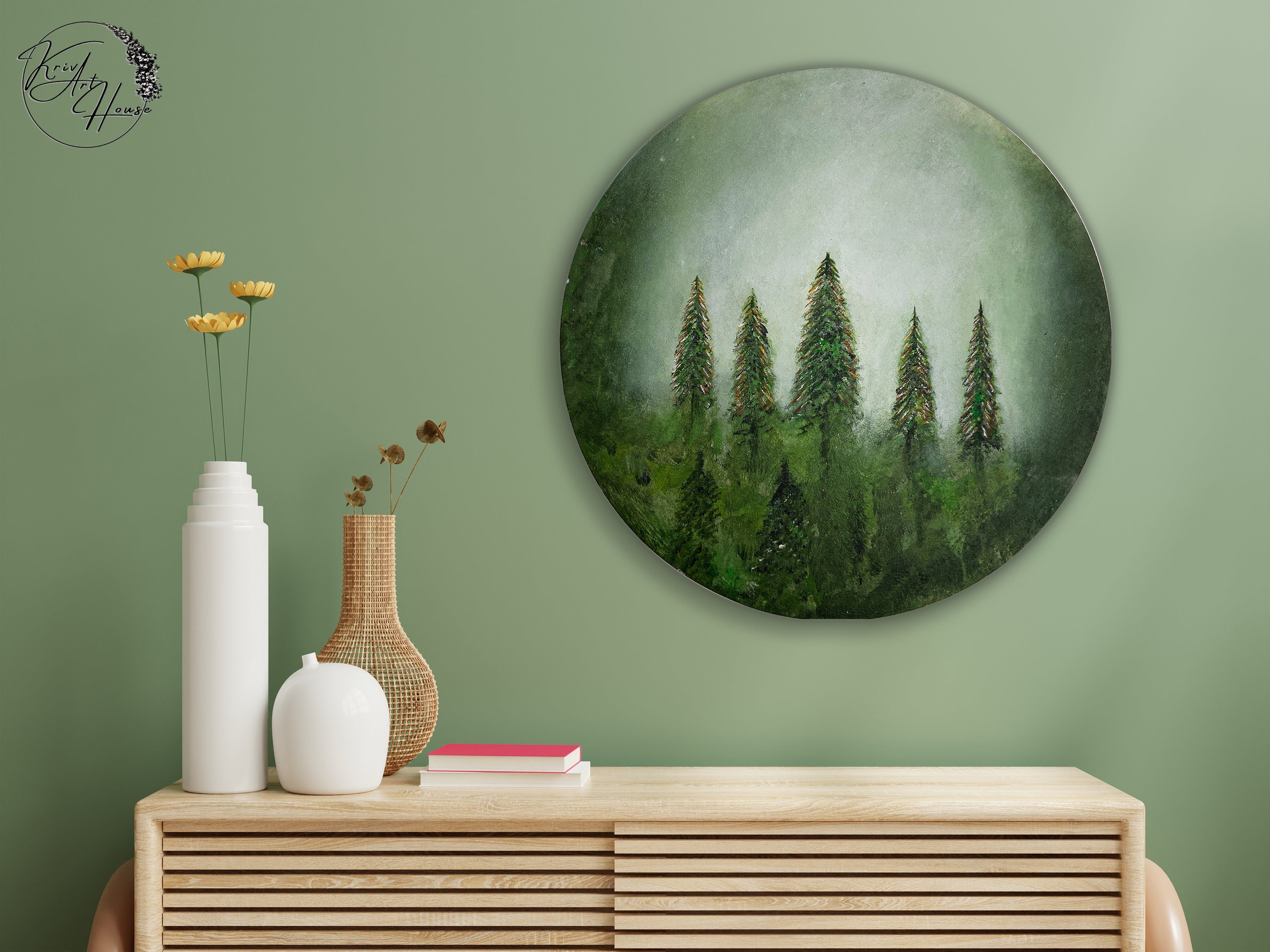 Big Forest Wall Art For Bedroom Wall Decor Round Art Painting On Canvas, Green Minimalist Circle Wall Art Canvas Wall Painting