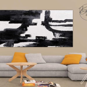 Oversized Black and White Abstract Painting: Textured Acrylic Canvas Wall Art