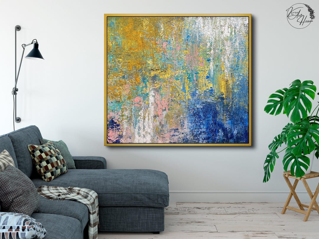 Yellow Blue Abstract Painting Canvas Art, Extra Large Wall Art, Big ...