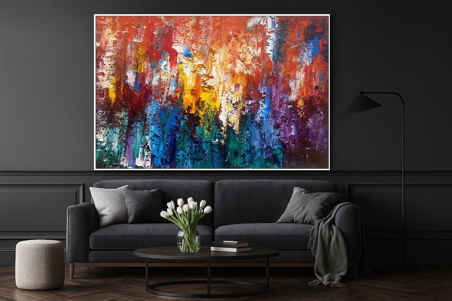 キャンバスに描かれたカラフルな抽象的なテクスチャ絵画。鮮やかな