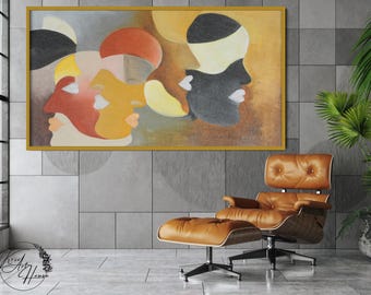 Large Abstract Face Art, Oil Painting, Painting On Canvas, Contemporary Art, Abstract Wall Art, Original Painting, Gold Wall Art