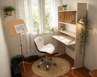 Folding Music Desk with Sheet Organizer Shelf, Compact Music Workspace, Composer Desk, Custom Size & Color, Small Space Studio