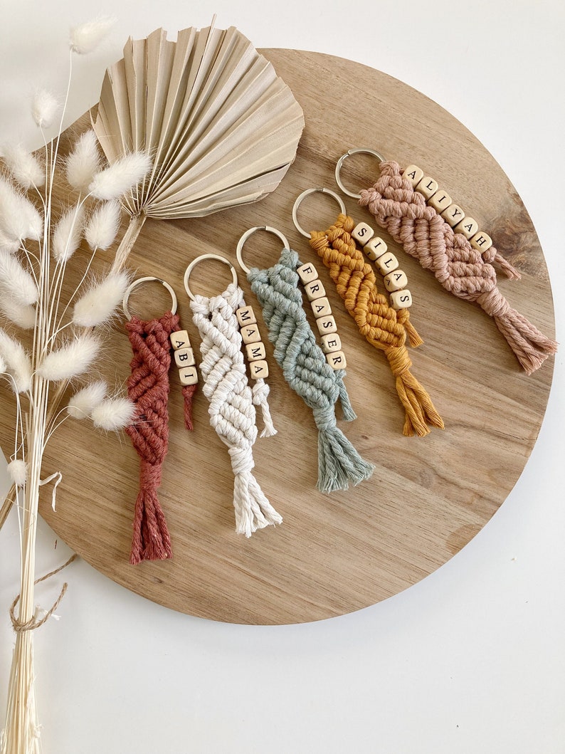 Personalized Macrame Keychain, Macrame Keychain, Customized Keychain, Macrame Accessories, Boho Keychain, Bridal Party Gifts, Mama Keychain image 1