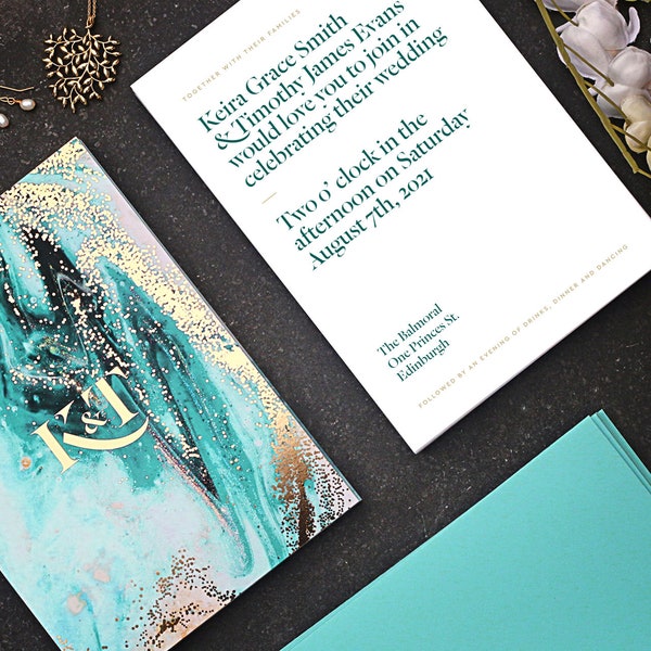 The Marble Collection II - Beautiful Gold Foil Wedding Invitation Turquoise, Teal, Mint, Aqua Wedding