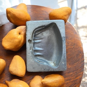 May include: A silver metal mold for making a cake or pastry in the shape of a shell. The mold is sitting on a wooden surface with several orange-colored fruits.