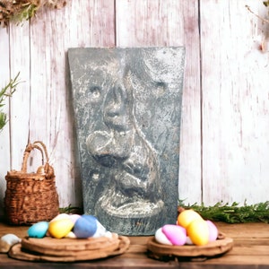 Vintage 2 part chocolate mold of a rabbit standing holding an Easter egg