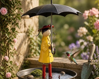 Mangiatoia per uccelli a forma di ombrello da appendere, piccola vaschetta decorativa per uccelli da giardino, mangiatoia per esterni a forma di statuetta di ragazza con impermeabile, decorazione stravagante per il patio.