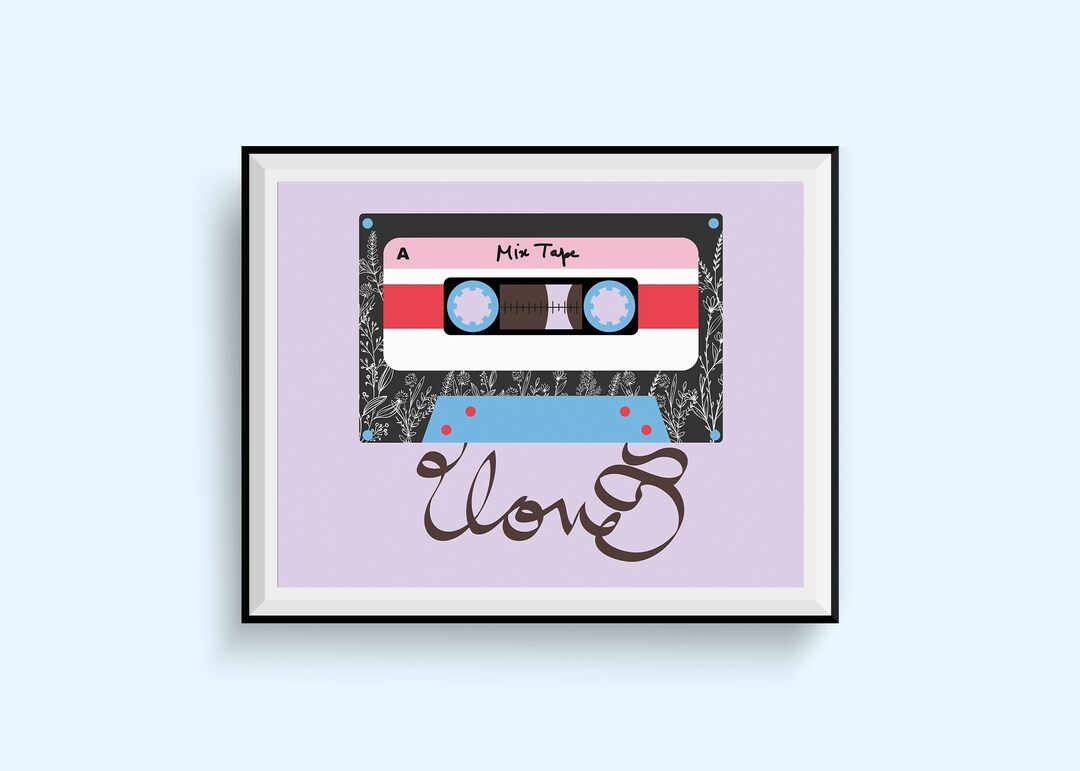 Mix Tape Cassette Art Print, Botanical Modern Art Abstract Illustration