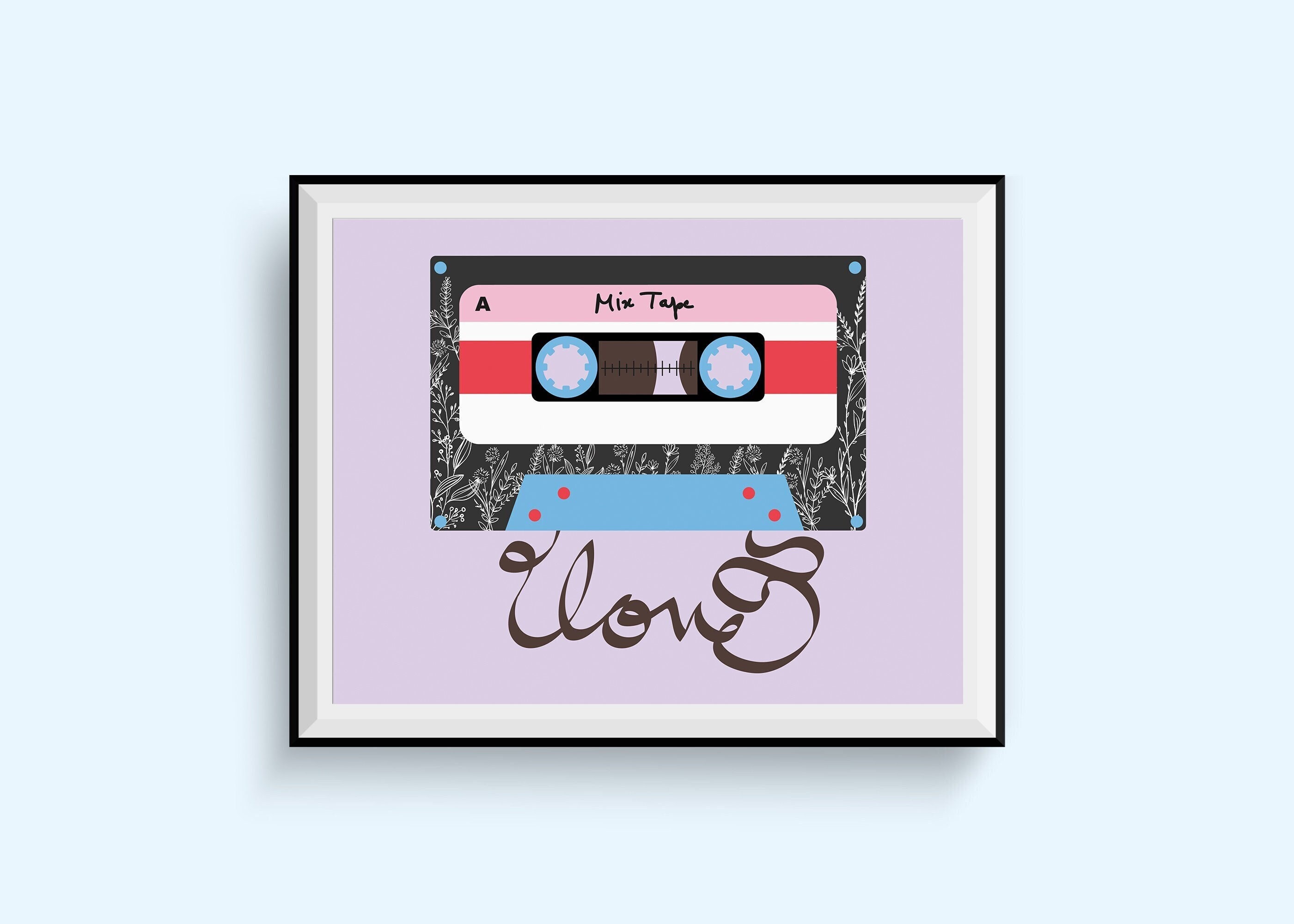 Mix Tape Cassette Art Print, Botanical Modern Art Abstract Illustration