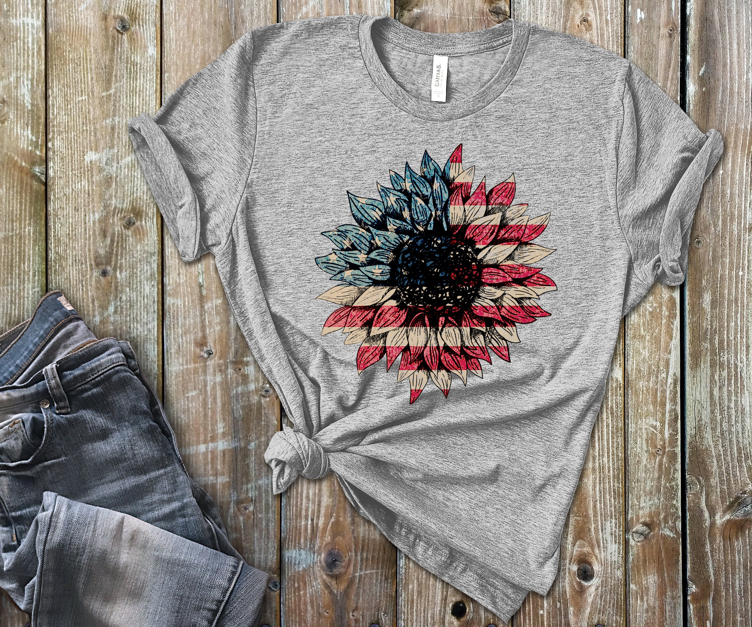 Sunflower Shirt Red White and Blue American Flower Tee - Etsy