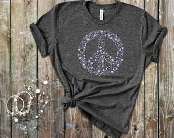 Camiseta con símbolo de la paz floral, estilo bohemio hippie