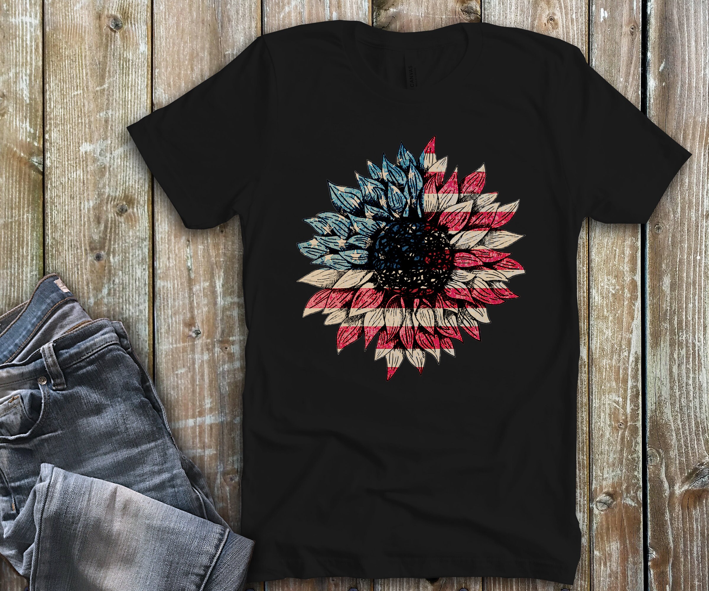 Sunflower Shirt Red White and Blue American Flower Tee - Etsy