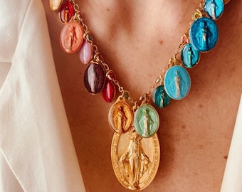 rainbow necklace, religious medals, powerful jewels