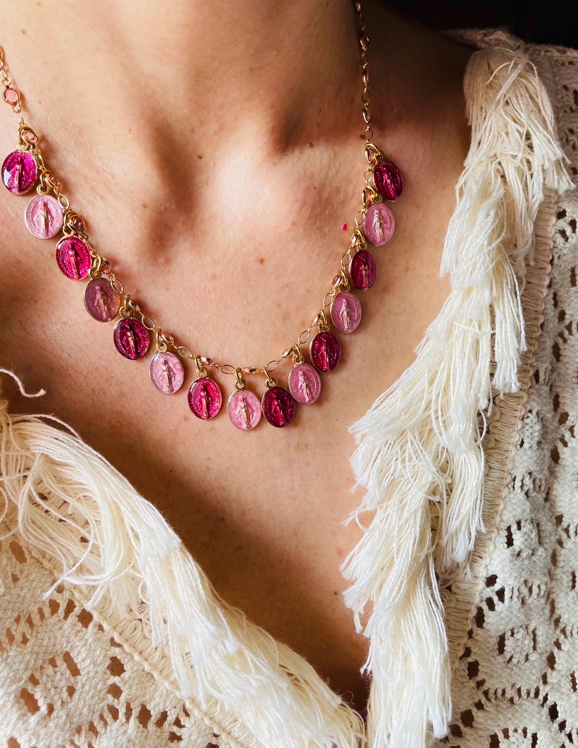 Mini Miraculous Medal Necklace – Pink & Fuchsia Catholic Jewelry – Dainty Virgin Mary Gift – Colorful Faith Necklace for Women