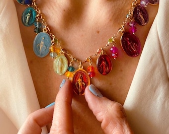 Stainless Steel chain Pearl Necklace with Rainbow Colored Miraculous Medals