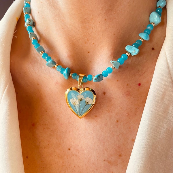 Turquoise Beaded Necklace with Dried Flower Heart Locket - Photo Holder Pendant