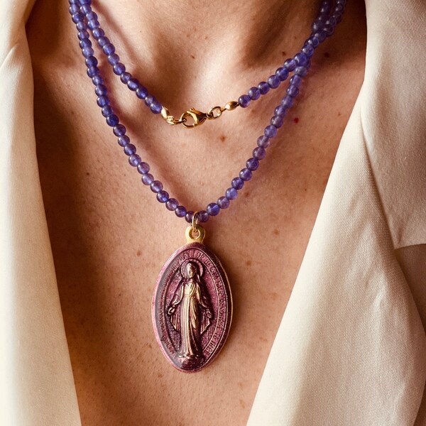 Big Madonna medals with violet beads necklace