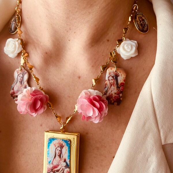 madonna flower necklace, religious rosary, virgin mary necklace