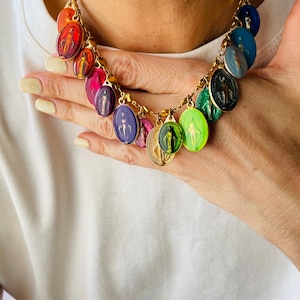 Rainbow Miraculous Medal Necklace | Colorful Catholic Necklace | Hand Painted Virgin Mary Statement Jewelry